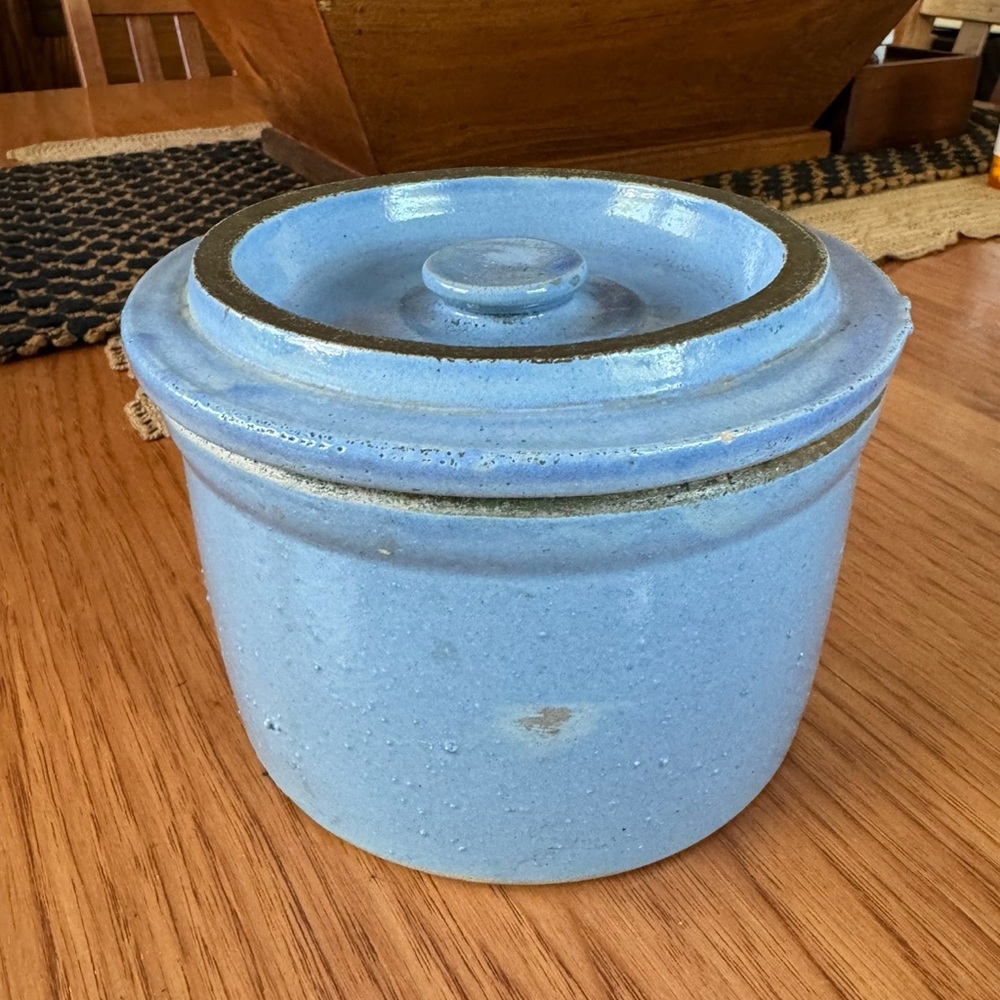 Antique blue stoneware crock with lid